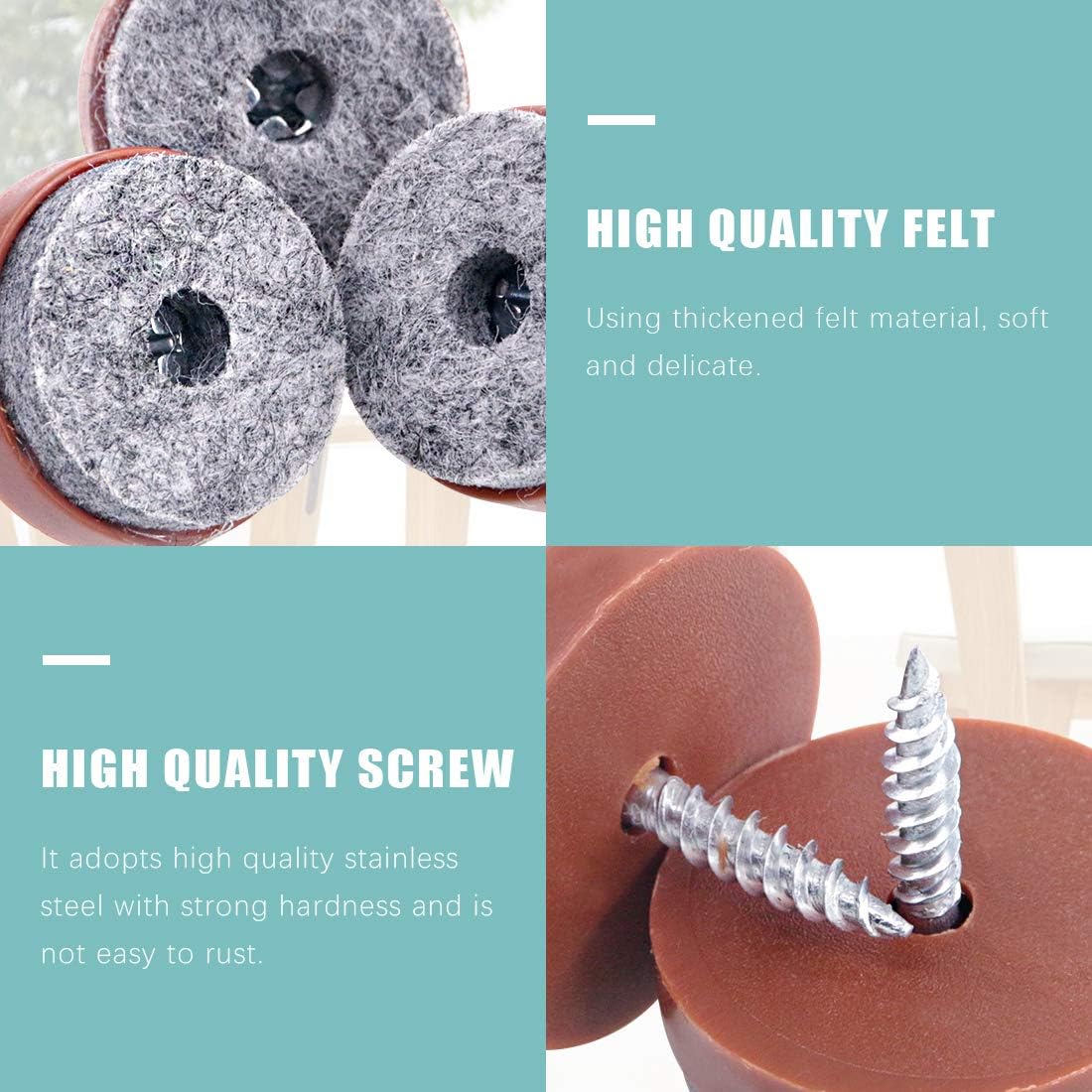 52Pcs 28mm Brown Furniture Felt Pads with Screw-on Non Slip Slider for Chair Table Sofa - Floor Protector for Wooden Leg Feet