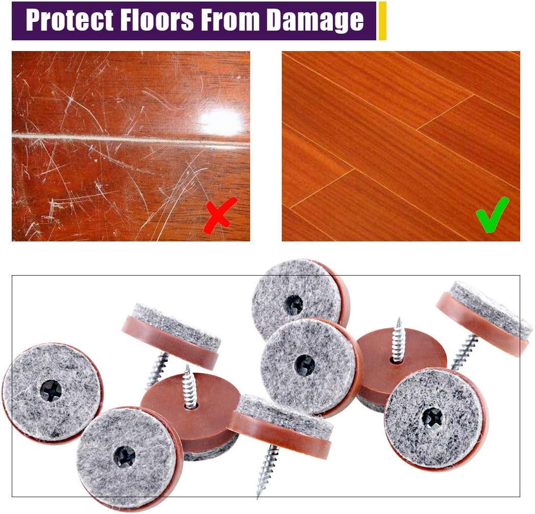 52Pcs 28mm Brown Furniture Felt Pads with Screw-on Non Slip Slider for Chair Table Sofa - Floor Protector for Wooden Leg Feet