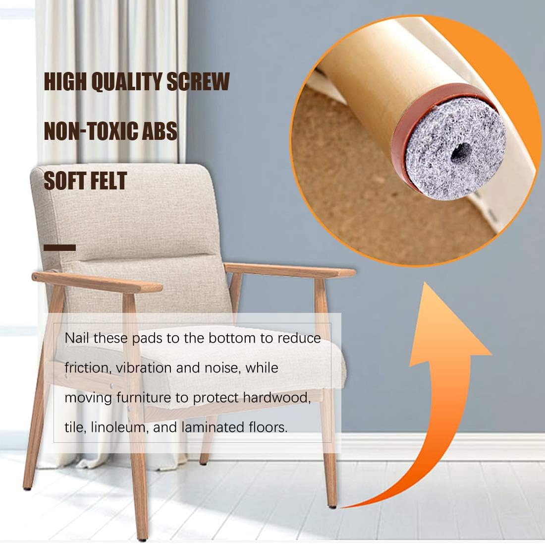 52Pcs 28mm Brown Furniture Felt Pads with Screw-on Non Slip Slider for Chair Table Sofa - Floor Protector for Wooden Leg Feet