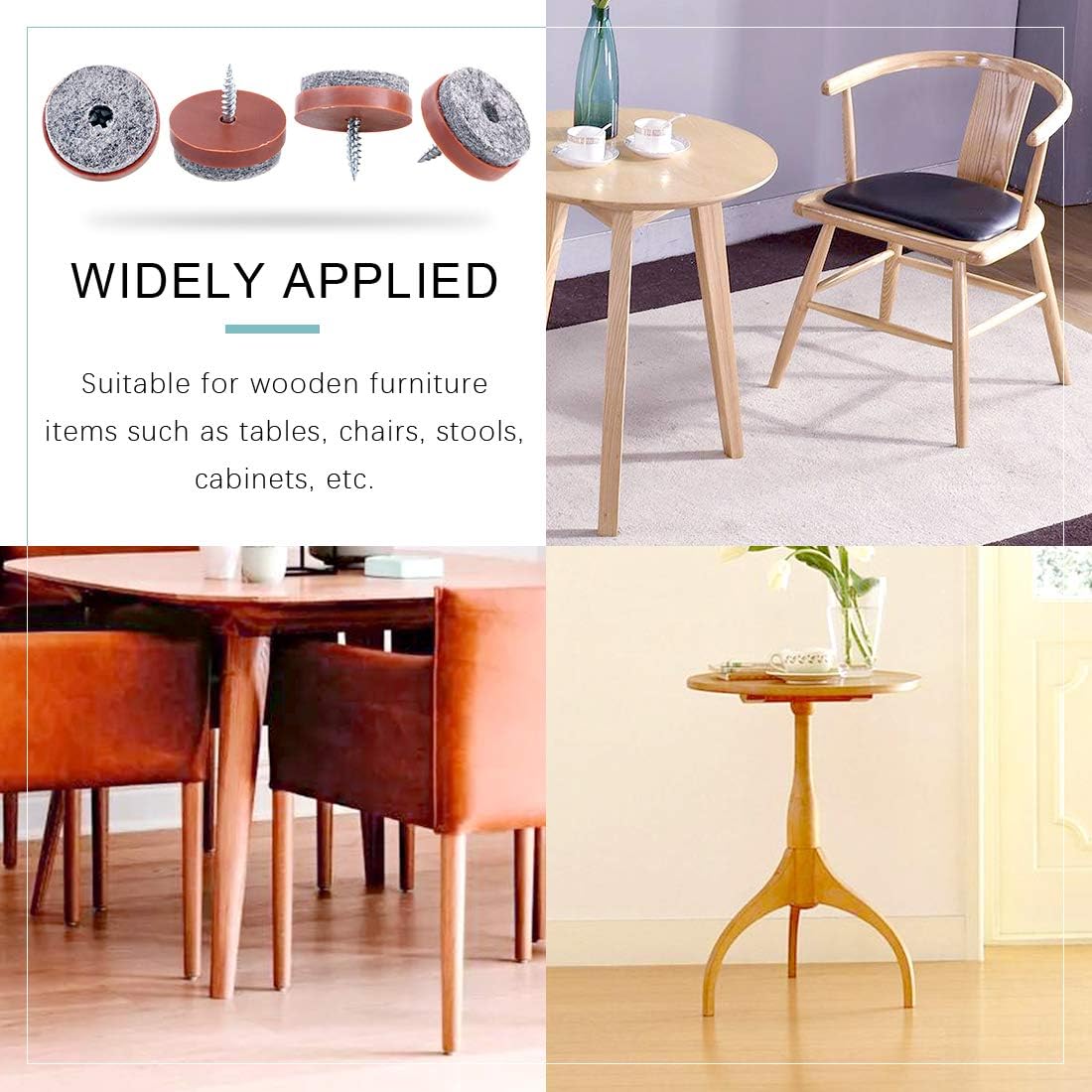 52Pcs 28mm Brown Furniture Felt Pads with Screw-on Non Slip Slider for Chair Table Sofa - Floor Protector for Wooden Leg Feet