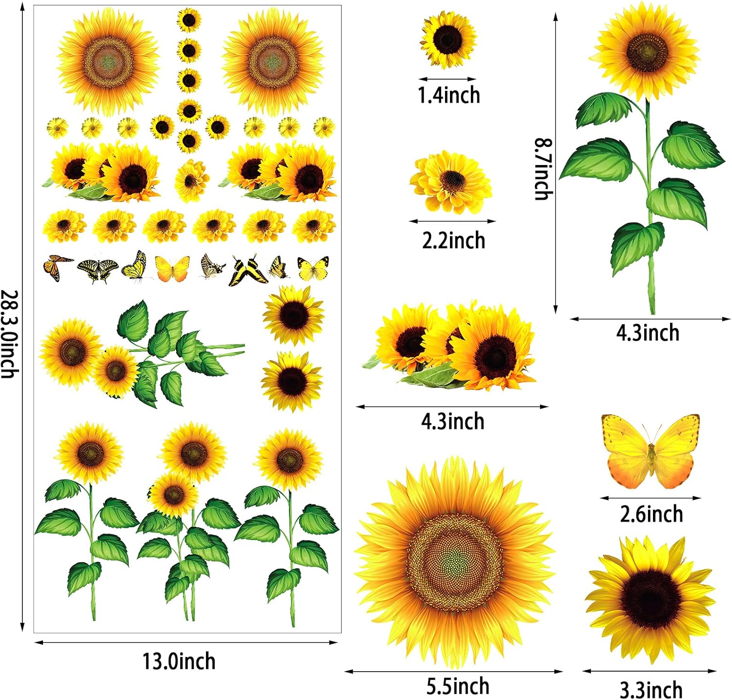 53-Piece Sunflower Daisy Wall Decals Set with Butterfly Waterproof Stickers for Bathroom Decor
