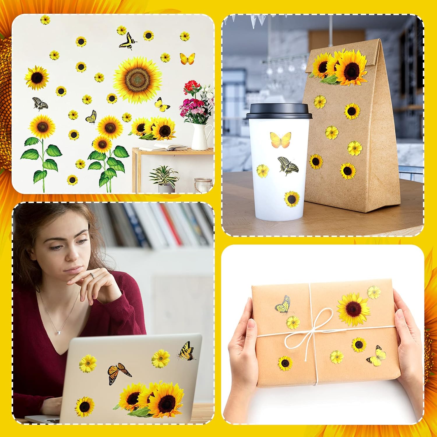53-Piece Sunflower Daisy Wall Decals Set with Butterfly Waterproof Stickers for Bathroom Decor