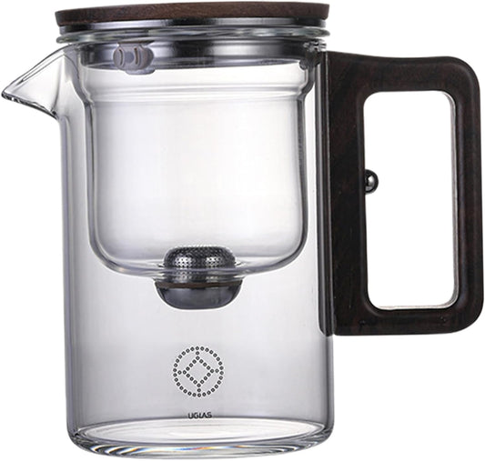 530ml Kalastussaari Glass Teapot with Walnut Handle - Heat Resistant Detachable Teapot for Loose Tea - Home, Office, Teahouse Friendly