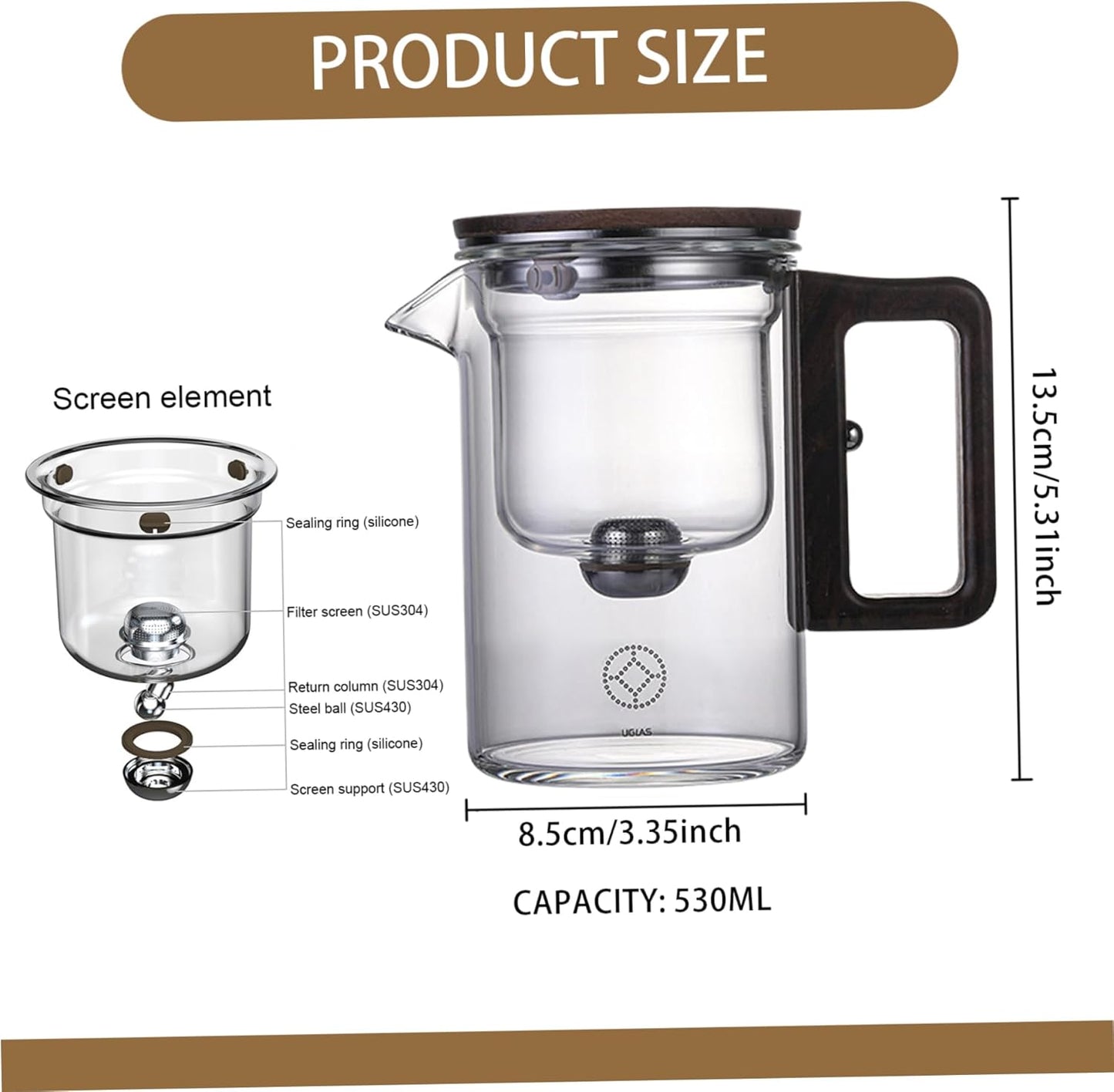 530ml Kalastussaari Glass Teapot with Walnut Handle - Heat Resistant Detachable Teapot for Loose Tea - Home, Office, Teahouse Friendly