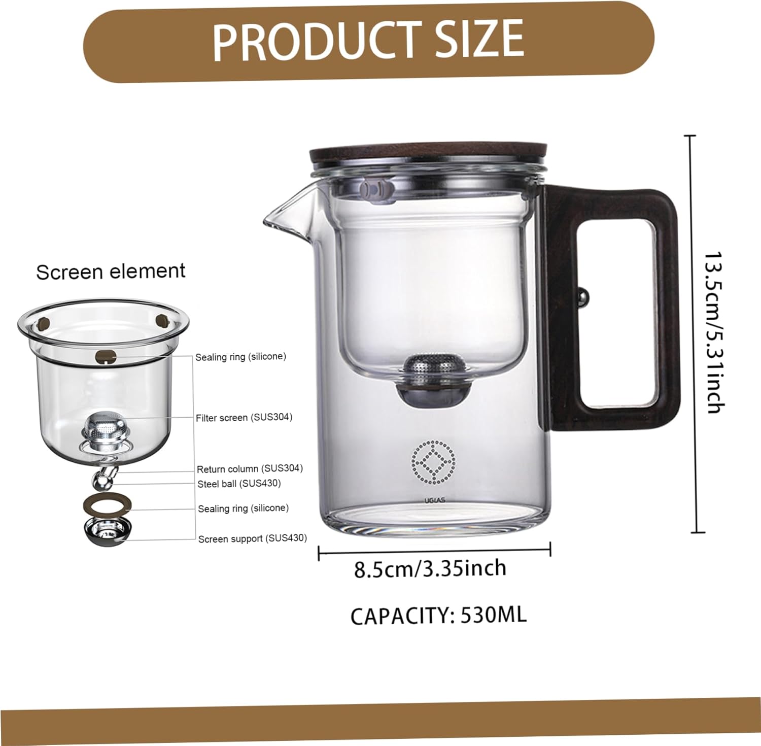 530ml Kalastussaari Glass Teapot with Walnut Handle - Heat Resistant Detachable Teapot for Loose Tea - Home, Office, Teahouse Friendly