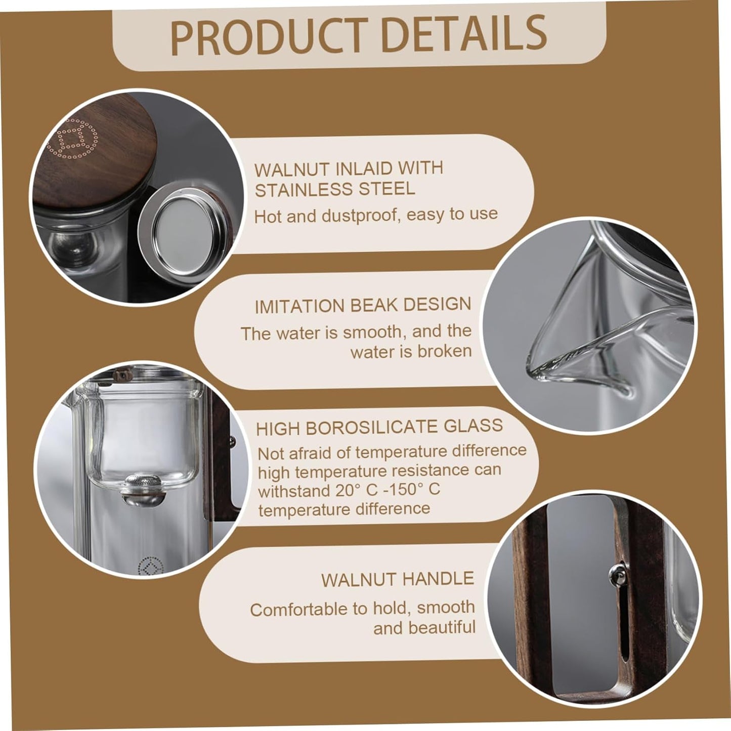 530ml Kalastussaari Glass Teapot with Walnut Handle - Heat Resistant Detachable Teapot for Loose Tea - Home, Office, Teahouse Friendly