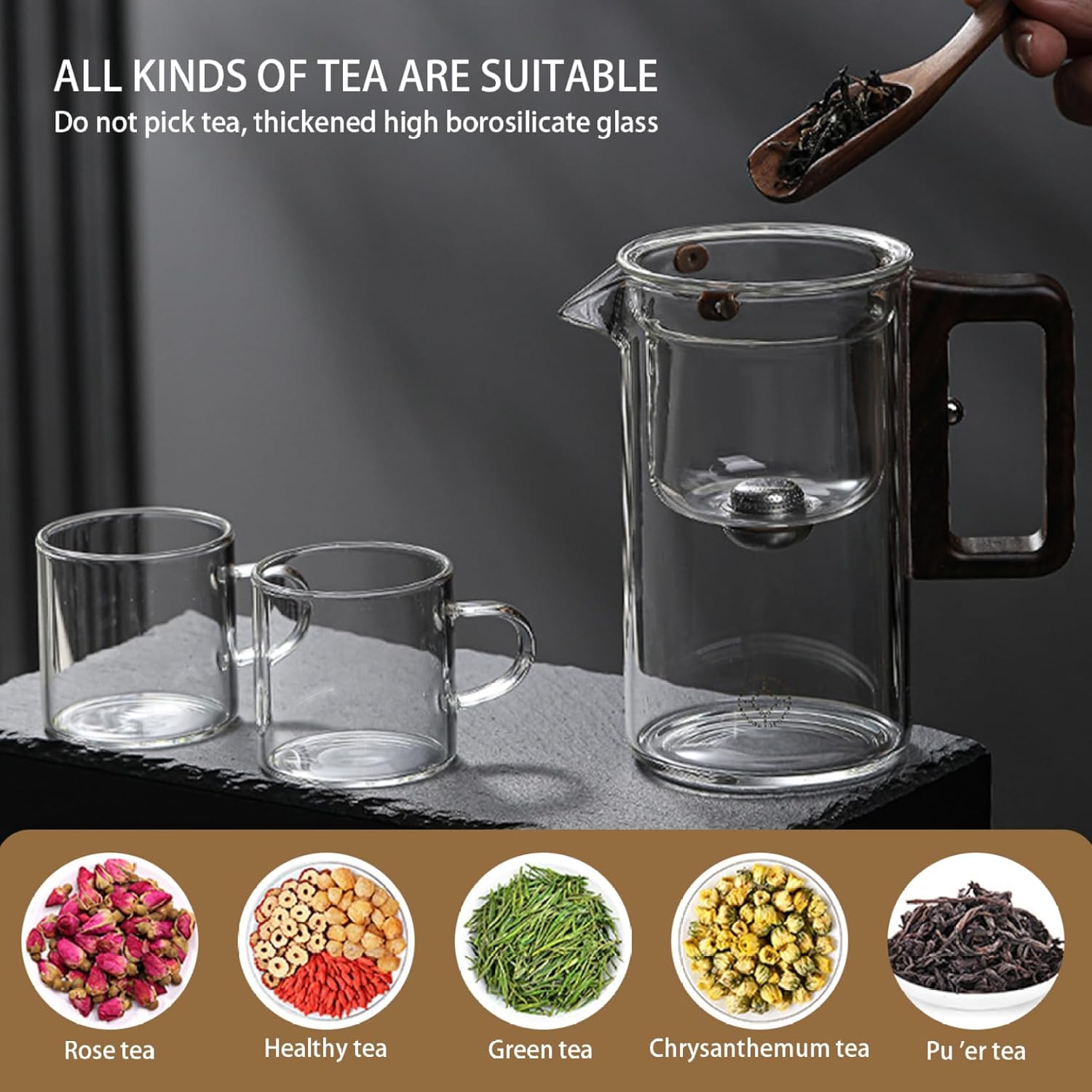 530ml Kalastussaari Glass Teapot with Walnut Handle - Heat Resistant Detachable Teapot for Loose Tea - Home, Office, Teahouse Friendly