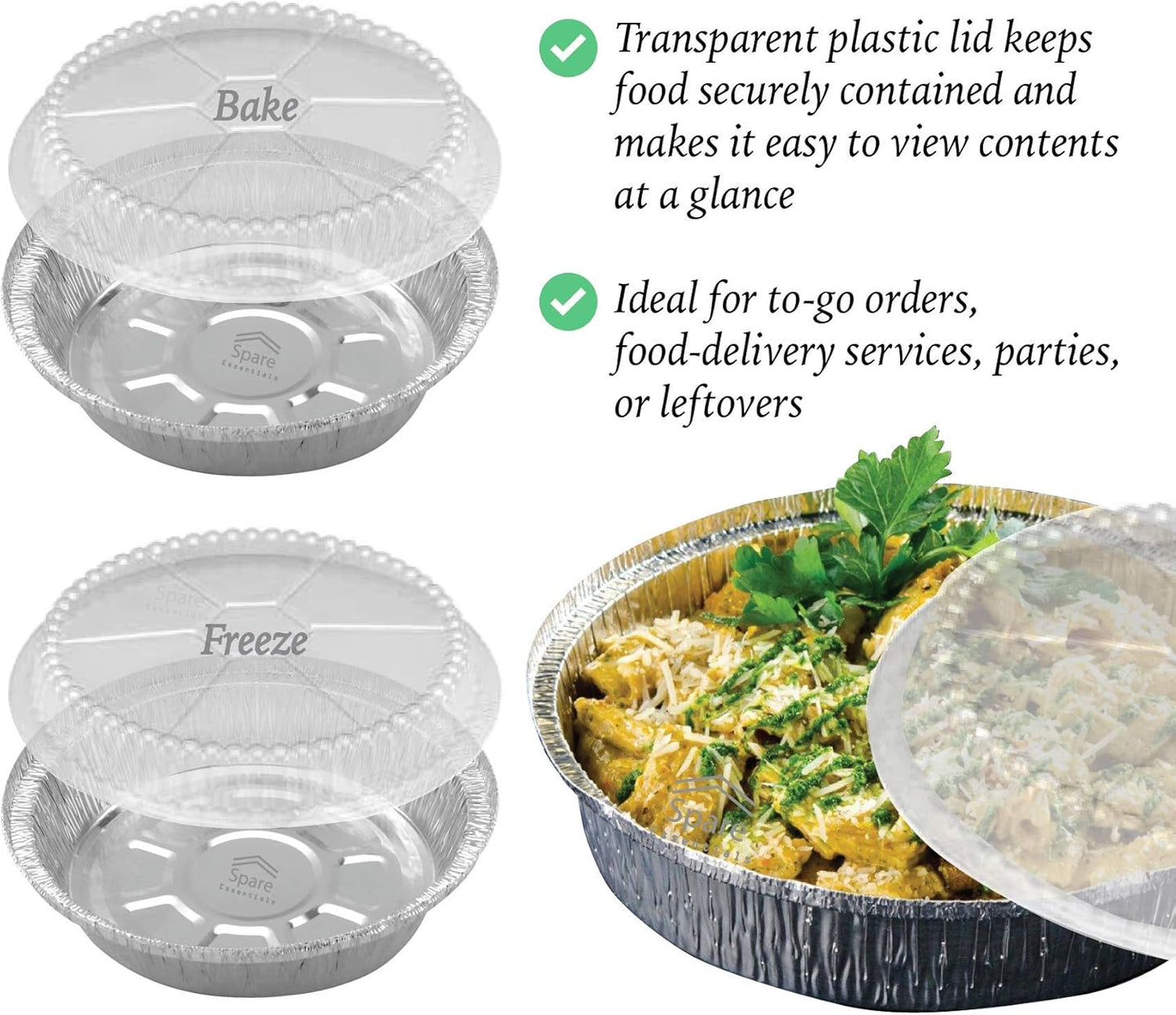 55 Pack 7" Round Aluminum Foil Pans with Clear Lids - Freezer & Oven Safe Disposable Pans for Baking, Takeout, Air Fryer - Spare Essentials