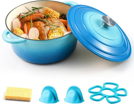5.5 Quart Enameled Cast Iron Dutch Oven Pot with Lid and Dual Handles, Silicone Accessories, Ideal for Braising, Stewing, Roasting, Baking - Blue