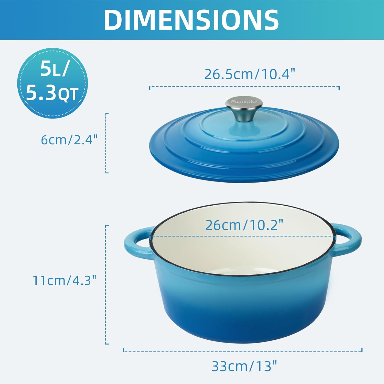 5.5 Quart Enameled Cast Iron Dutch Oven Pot with Lid and Dual Handles, Silicone Accessories, Ideal for Braising, Stewing, Roasting, Baking - Blue