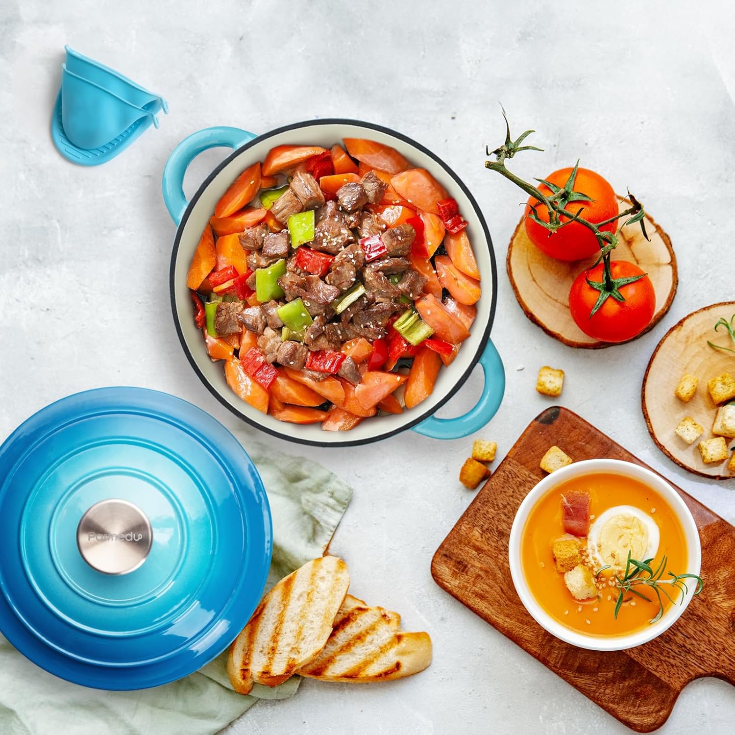 5.5 Quart Enameled Cast Iron Dutch Oven Pot with Lid and Dual Handles, Silicone Accessories, Ideal for Braising, Stewing, Roasting, Baking - Blue