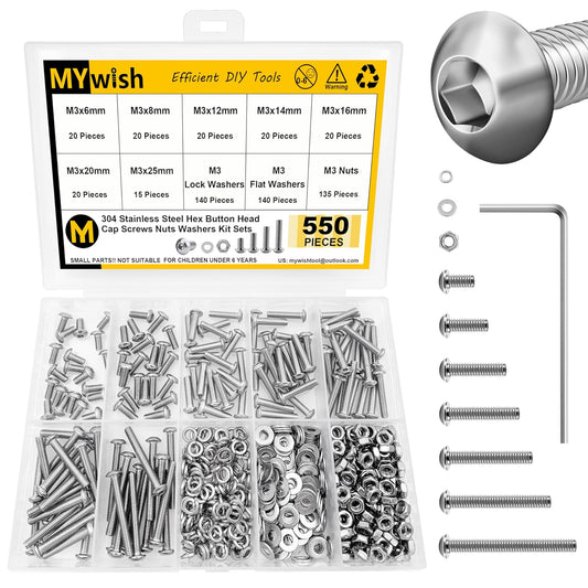 550Pcs M3 Screw Assortment Kit with Hex Socket Button Head - 304 Stainless Steel, 3D Printer DIY Metric Bolt, Flat & Spring Lock Washers, Nuts, Hex Wrenches - M3*6/8/12/14/16/20/25mm