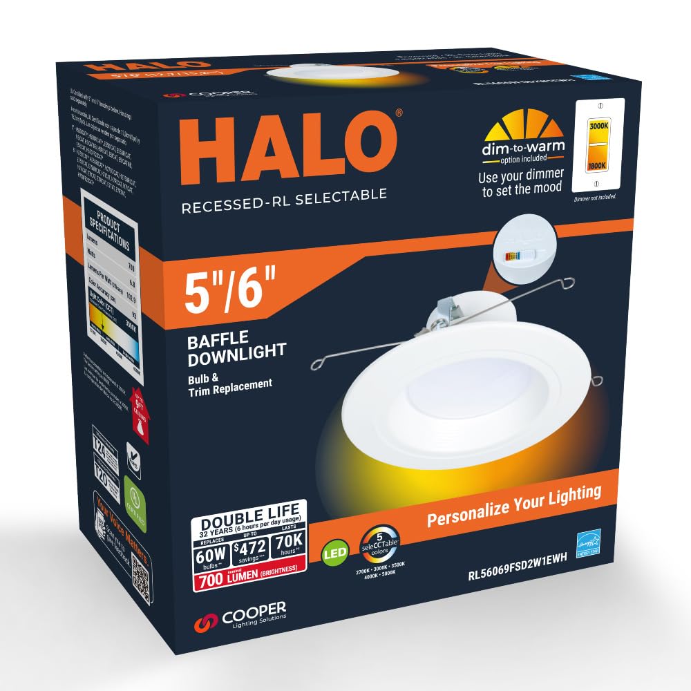 5/6 inch HALO RL Series Recessed LED Retrofit Light with Selectable CCT (2700K-5000K) and Dim to Warm Feature - 700 Lumens