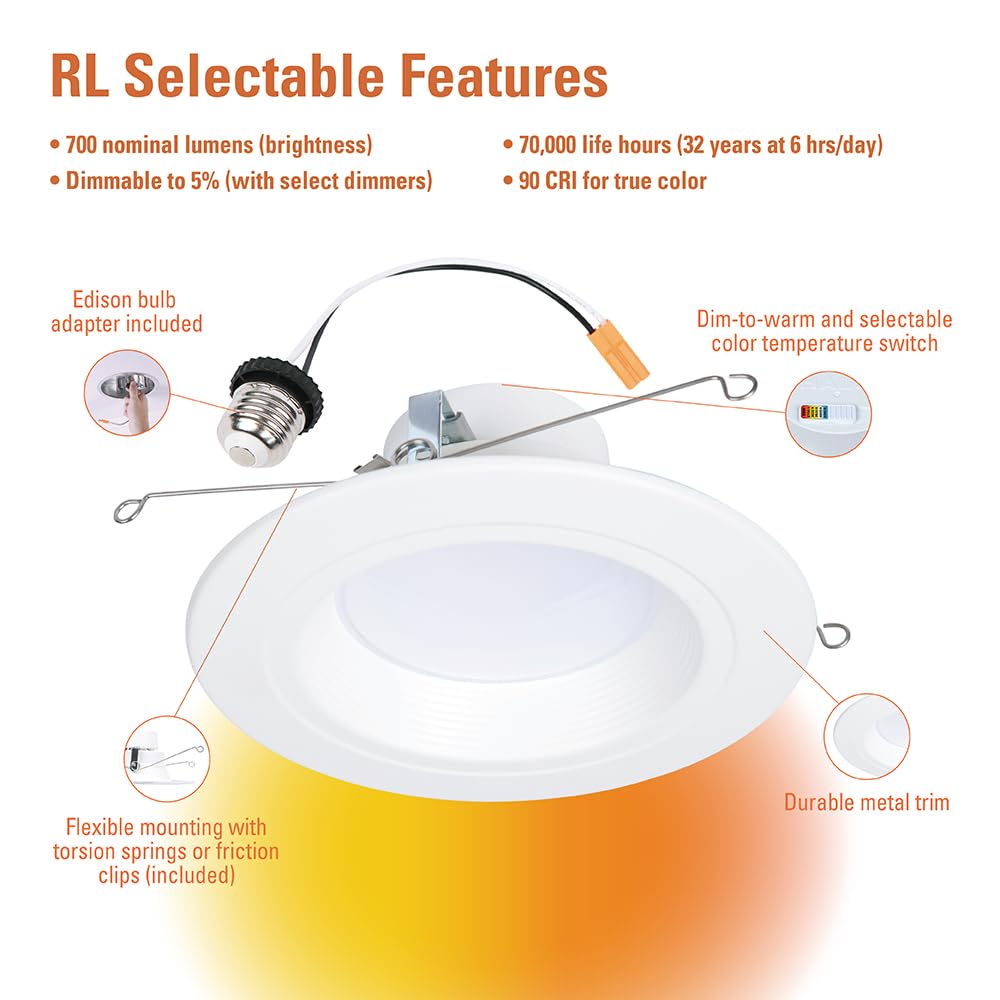 5/6 inch HALO RL Series Recessed LED Retrofit Light with Selectable CCT (2700K-5000K) and Dim to Warm Feature - 700 Lumens