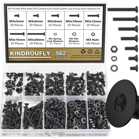 562-Piece Black M3 Countersunk Head Socket Cap Screws Nuts Washers Kit, 10.9 Grade Alloy Steel - Assorted Sizes 5/6/8/10/12/16/20mm