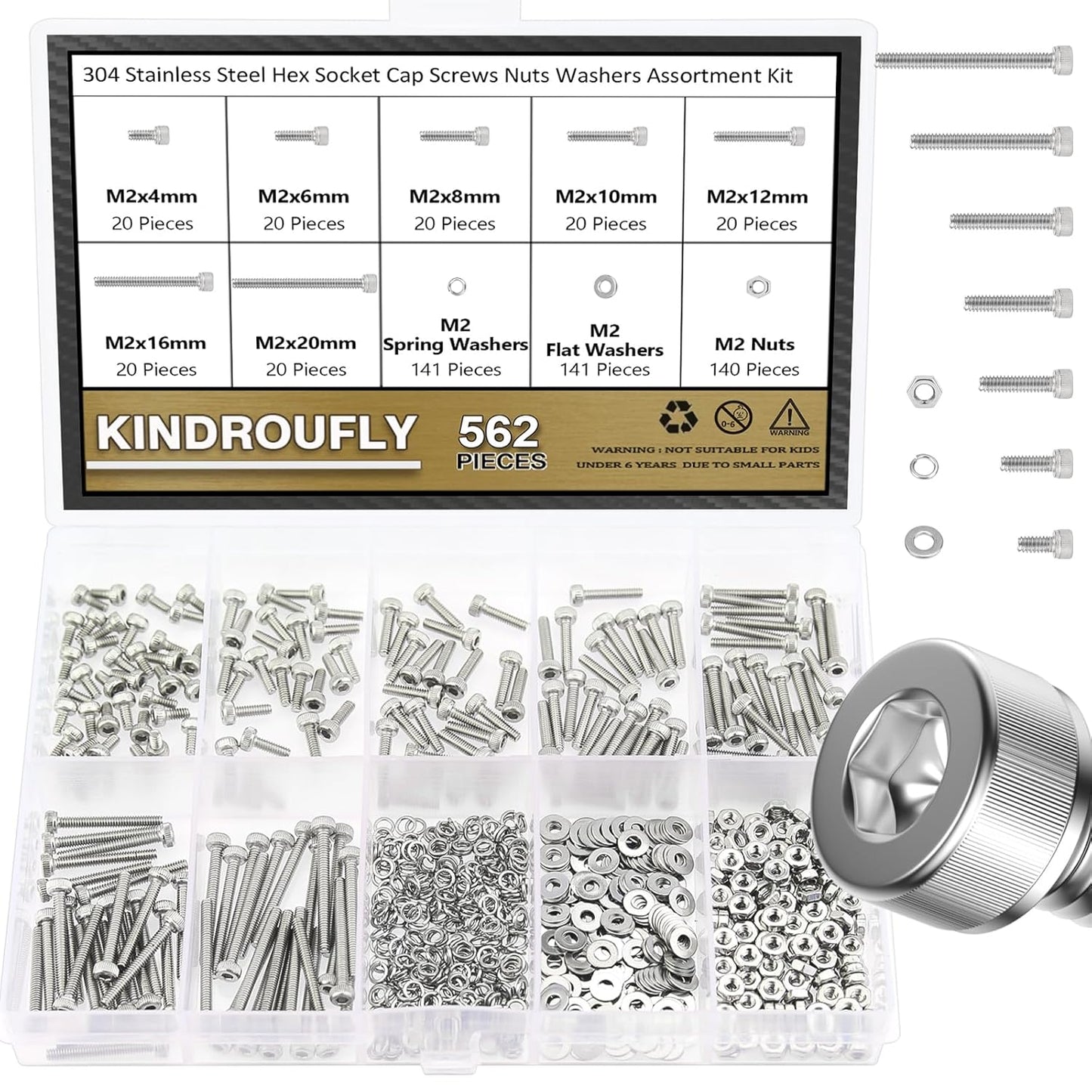 562-Piece M2 Stainless Steel Hex Socket Head Cap Screws Nuts Washers Assortment Kit, Fully Threaded, Various Lengths