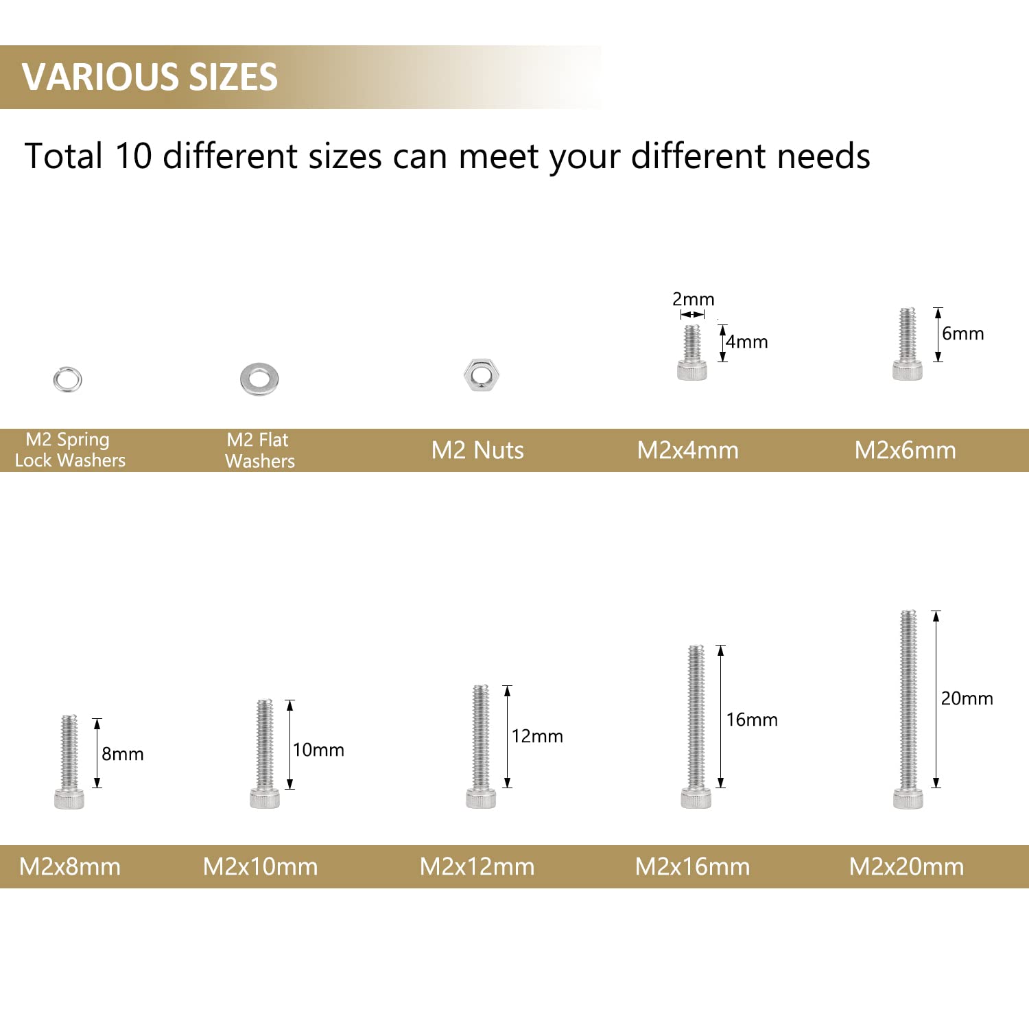562-Piece M2 Stainless Steel Hex Socket Head Cap Screws Nuts Washers Assortment Kit, Fully Threaded, Various Lengths