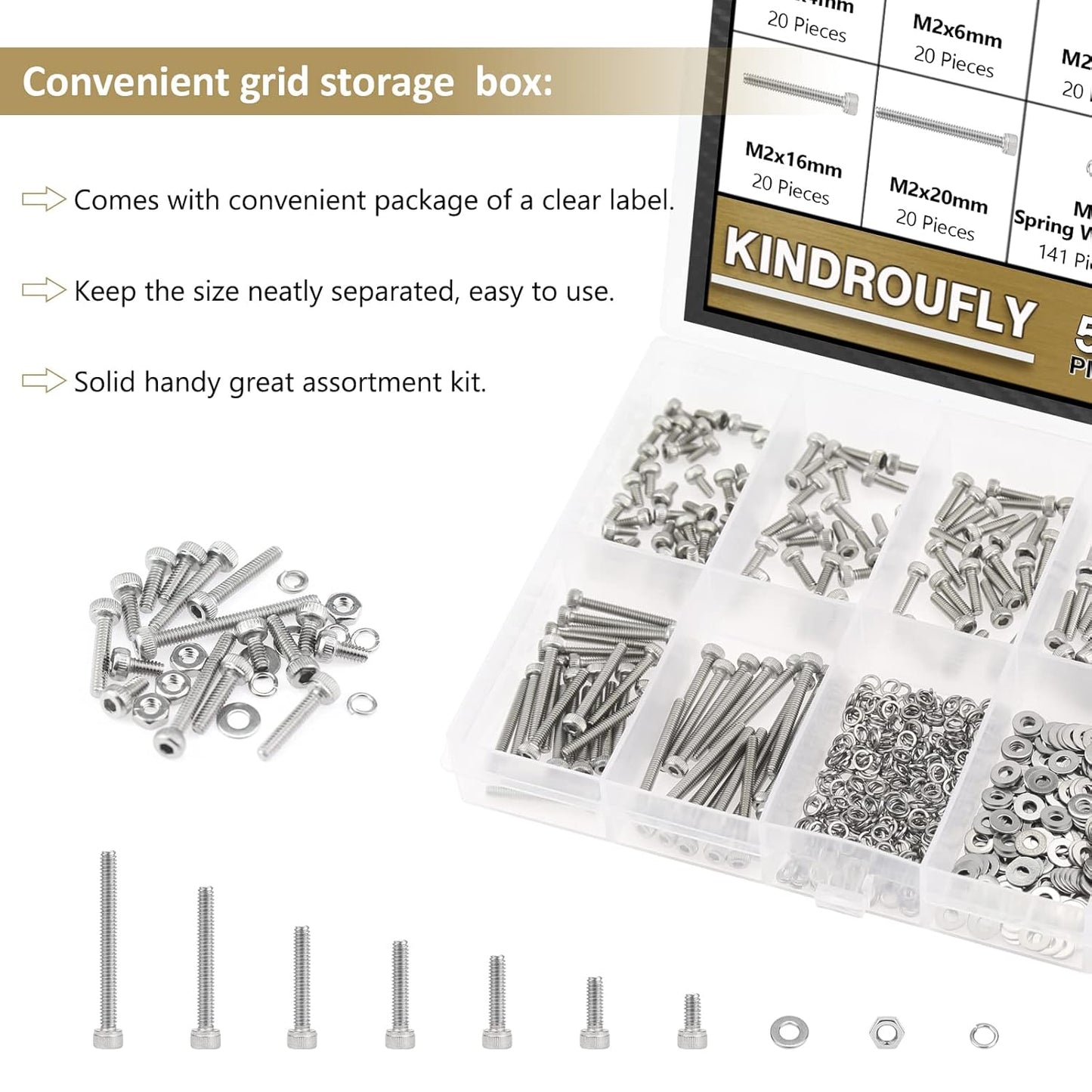 562-Piece M2 Stainless Steel Hex Socket Head Cap Screws Nuts Washers Assortment Kit, Fully Threaded, Various Lengths