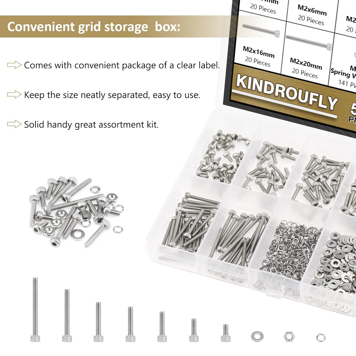 562-Piece M2 Stainless Steel Hex Socket Head Cap Screws Nuts Washers Assortment Kit, Fully Threaded, Various Lengths