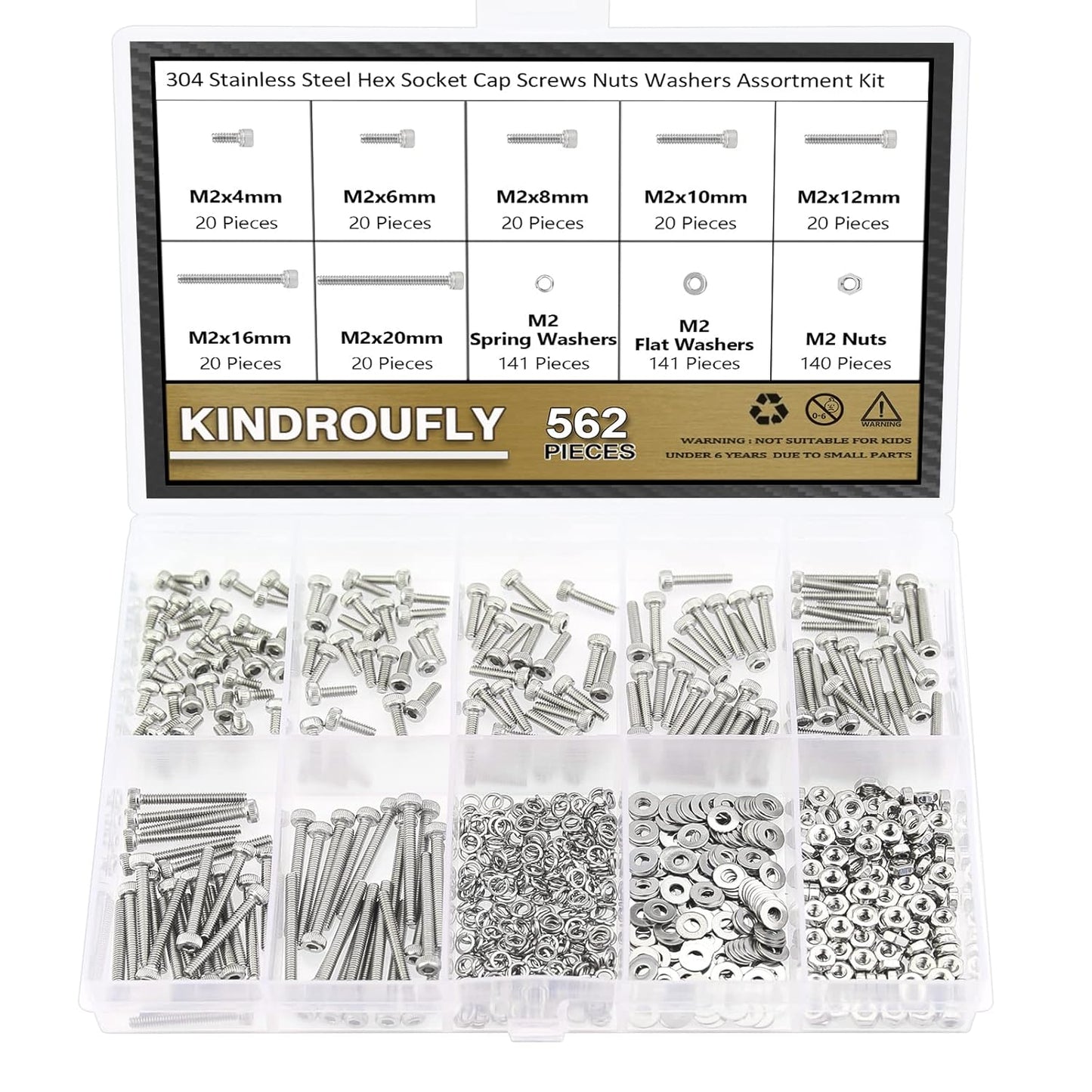 562-Piece M2 Stainless Steel Hex Socket Head Cap Screws Nuts Washers Assortment Kit, Fully Threaded, Various Lengths
