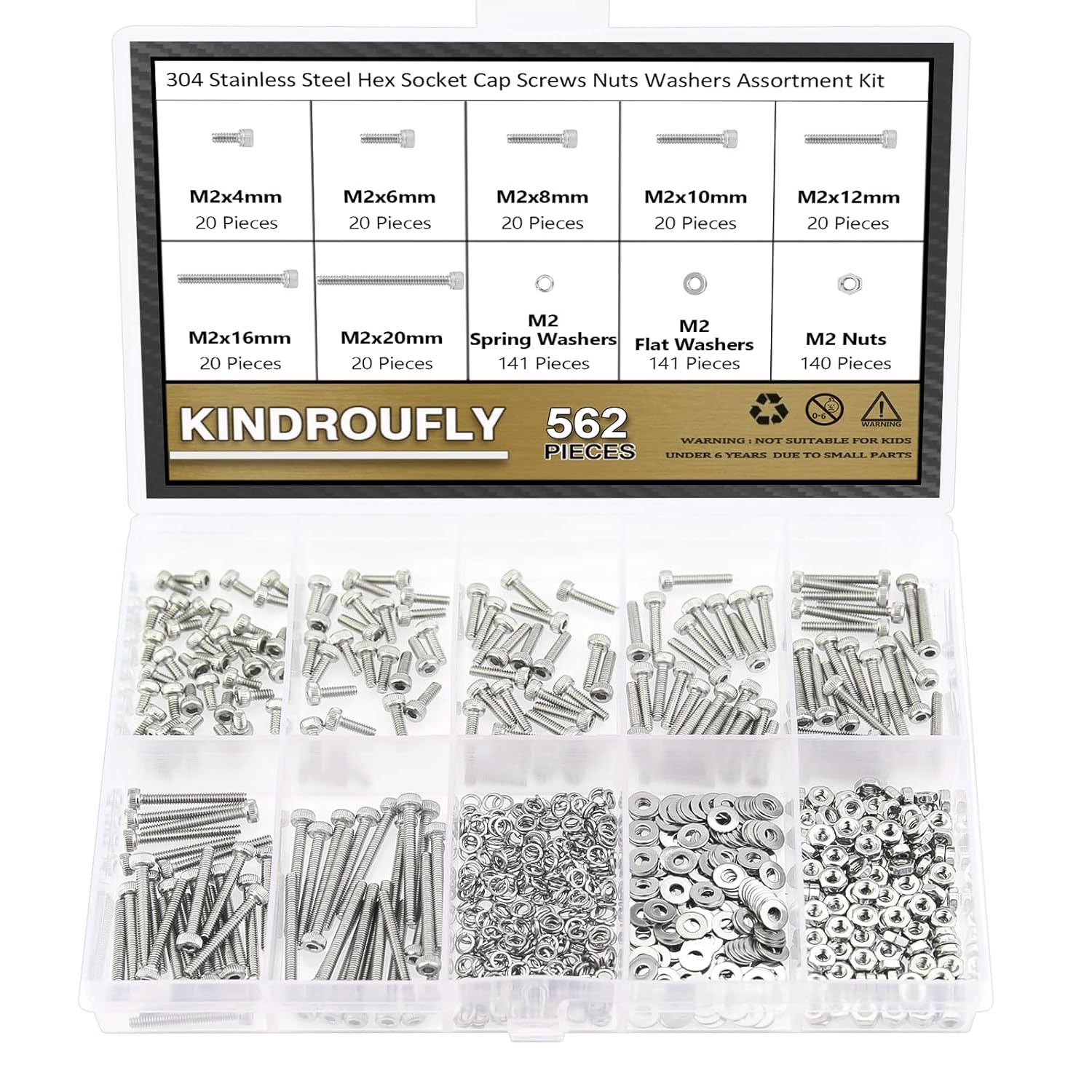 562-Piece M2 Stainless Steel Hex Socket Head Cap Screws Nuts Washers Assortment Kit, Fully Threaded, Various Lengths