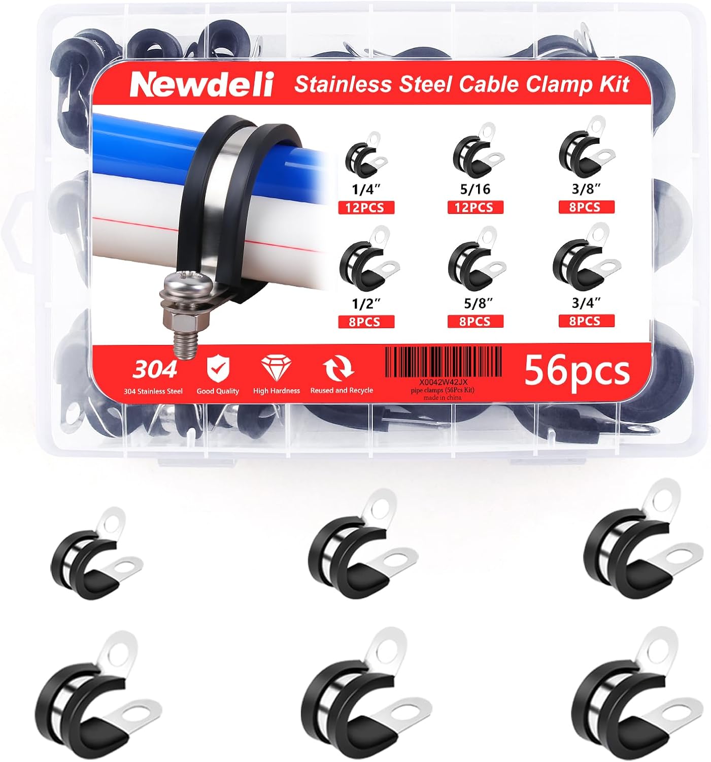 56Pcs Stainless Steel Cable Clamps Assortment Kit - 6 Sizes with Rubber Cushioning for Automotive Wire, Pipe, and Hose - Insulated Clamp Set