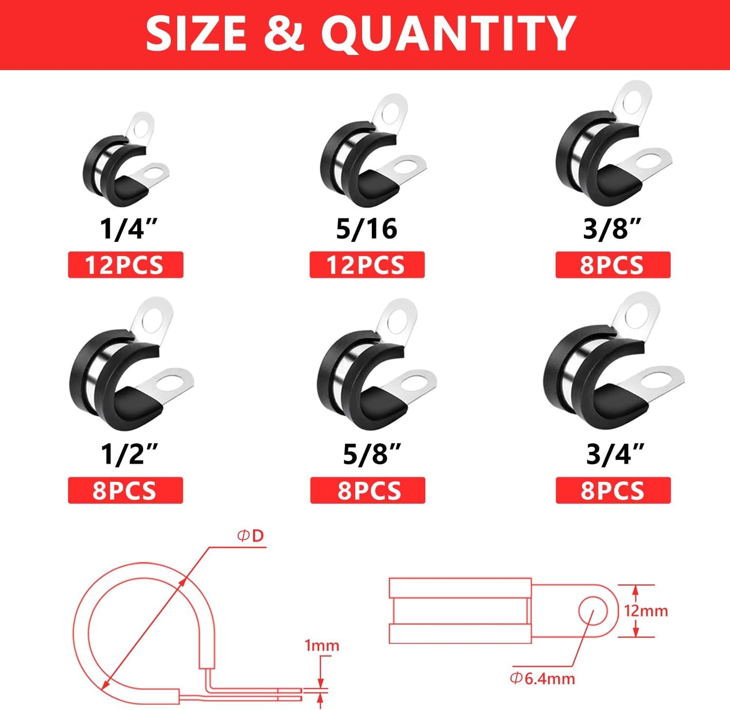 56Pcs Stainless Steel Cable Clamps Assortment Kit - 6 Sizes with Rubber Cushioning for Automotive Wire, Pipe, and Hose - Insulated Clamp Set
