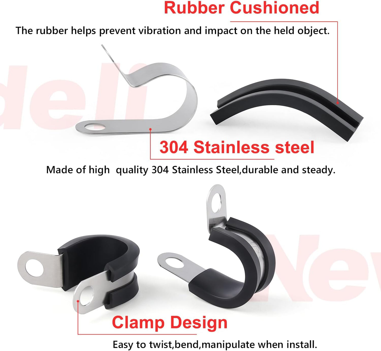 56Pcs Stainless Steel Cable Clamps Assortment Kit - 6 Sizes with Rubber Cushioning for Automotive Wire, Pipe, and Hose - Insulated Clamp Set