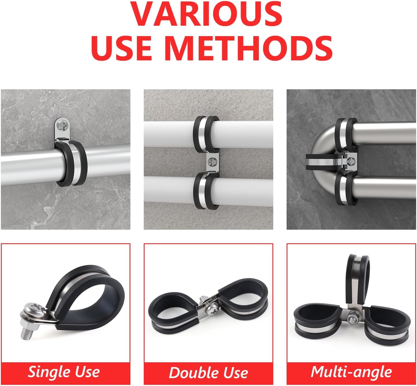 56Pcs Stainless Steel Cable Clamps Assortment Kit - 6 Sizes with Rubber Cushioning for Automotive Wire, Pipe, and Hose - Insulated Clamp Set