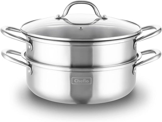 5.8-Quart Stainless Steel 3-Piece Pasta Steamer Set with Tempered Glass Lid - Dishwasher Safe