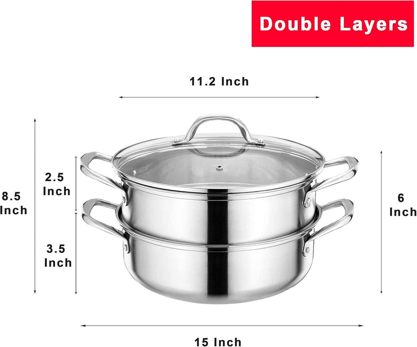 5.8-Quart Stainless Steel 3-Piece Pasta Steamer Set with Tempered Glass Lid - Dishwasher Safe
