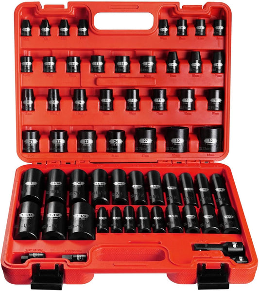 59-Piece Blackrobot Impact Socket Set with Metric/SAE Deep/Shallow 6-Point Sockets, 3/8" - 1/2" Drive, Cr-Mo, 9mm - 32mm, Includes Adapter and Extension Bar