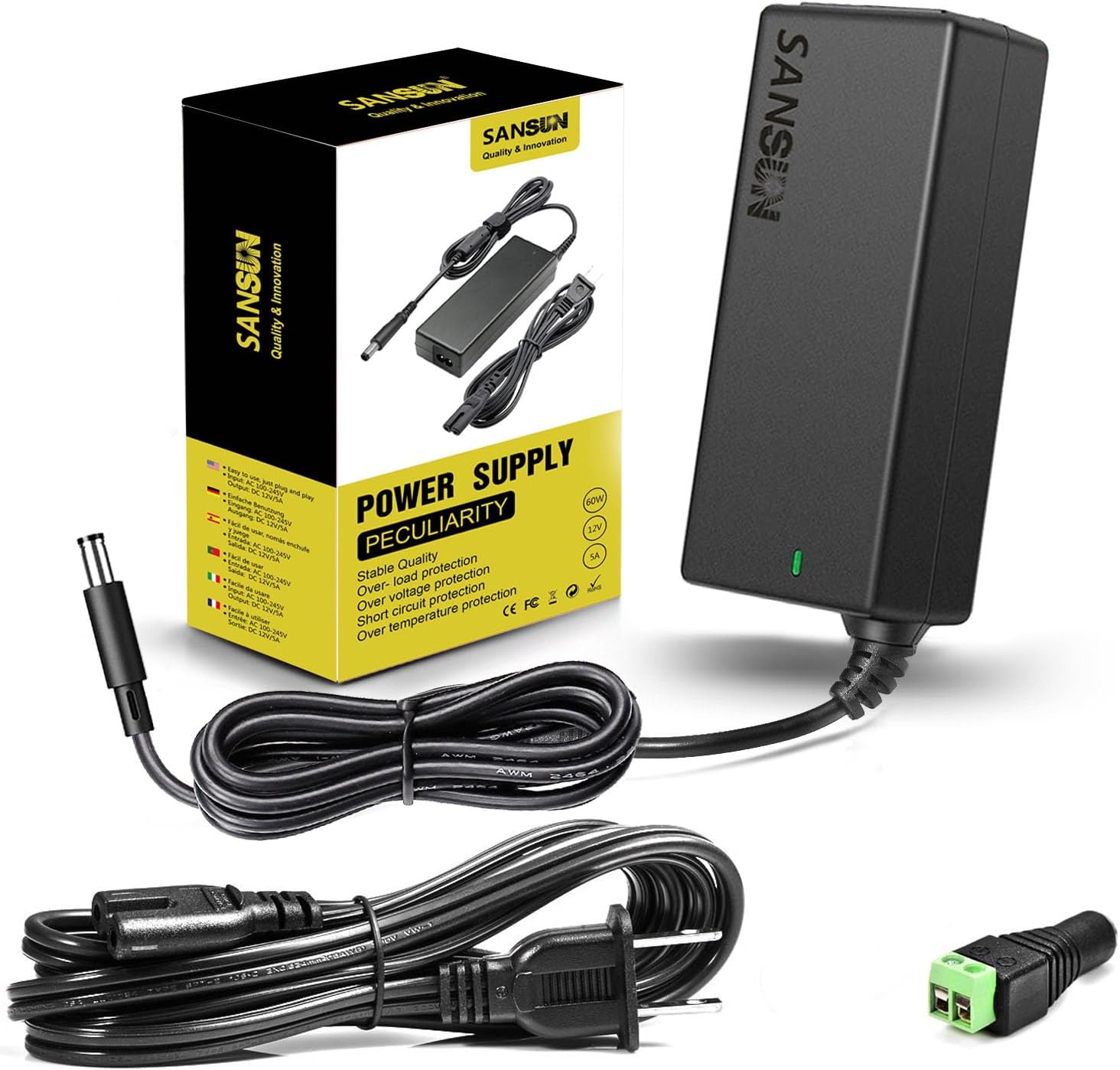 5A 12V Power Supply Adapter for LED Strip Lights, CCTV Cameras, Monitors - AC to DC Converter with 5.5x2.1mm Jack - 60W Transformer - Pack of 1