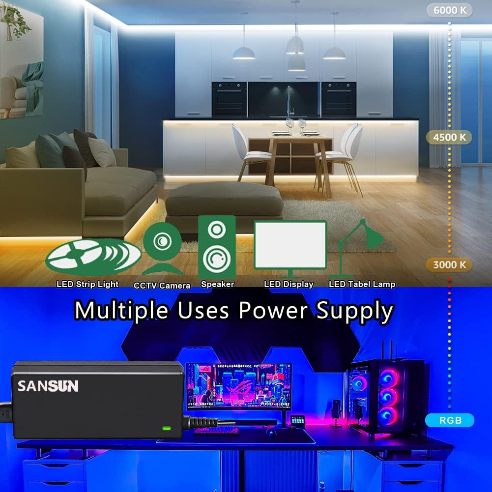 5A 12V Power Supply Adapter for LED Strip Lights, CCTV Cameras, Monitors - AC to DC Converter with 5.5x2.1mm Jack - 60W Transformer - Pack of 1