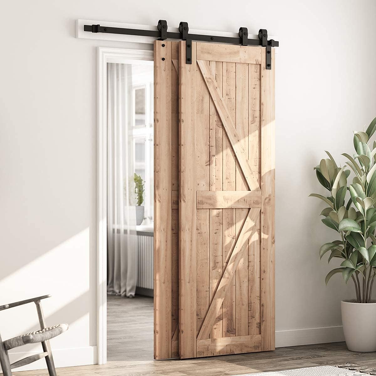 5ft Bypass Sliding Barn Door Hardware Kit - Double Wooden Doors - Single Track - Easy Install - Fits 48" Opening - Smooth & Quiet - WildKart
