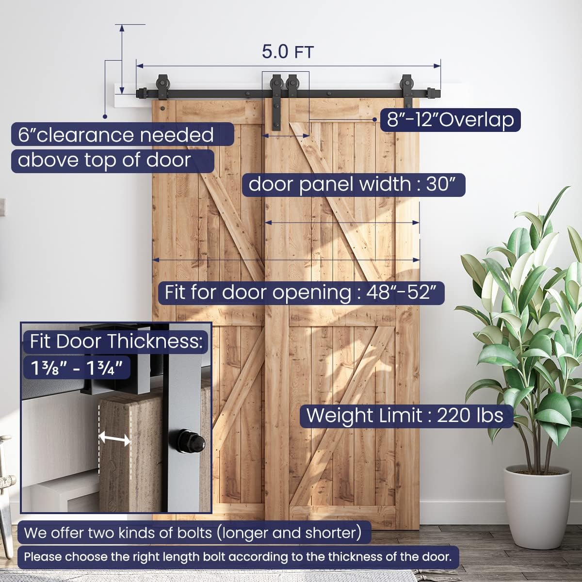 5ft Bypass Sliding Barn Door Hardware Kit - Double Wooden Doors - Single Track - Easy Install - Fits 48" Opening - Smooth & Quiet - WildKart