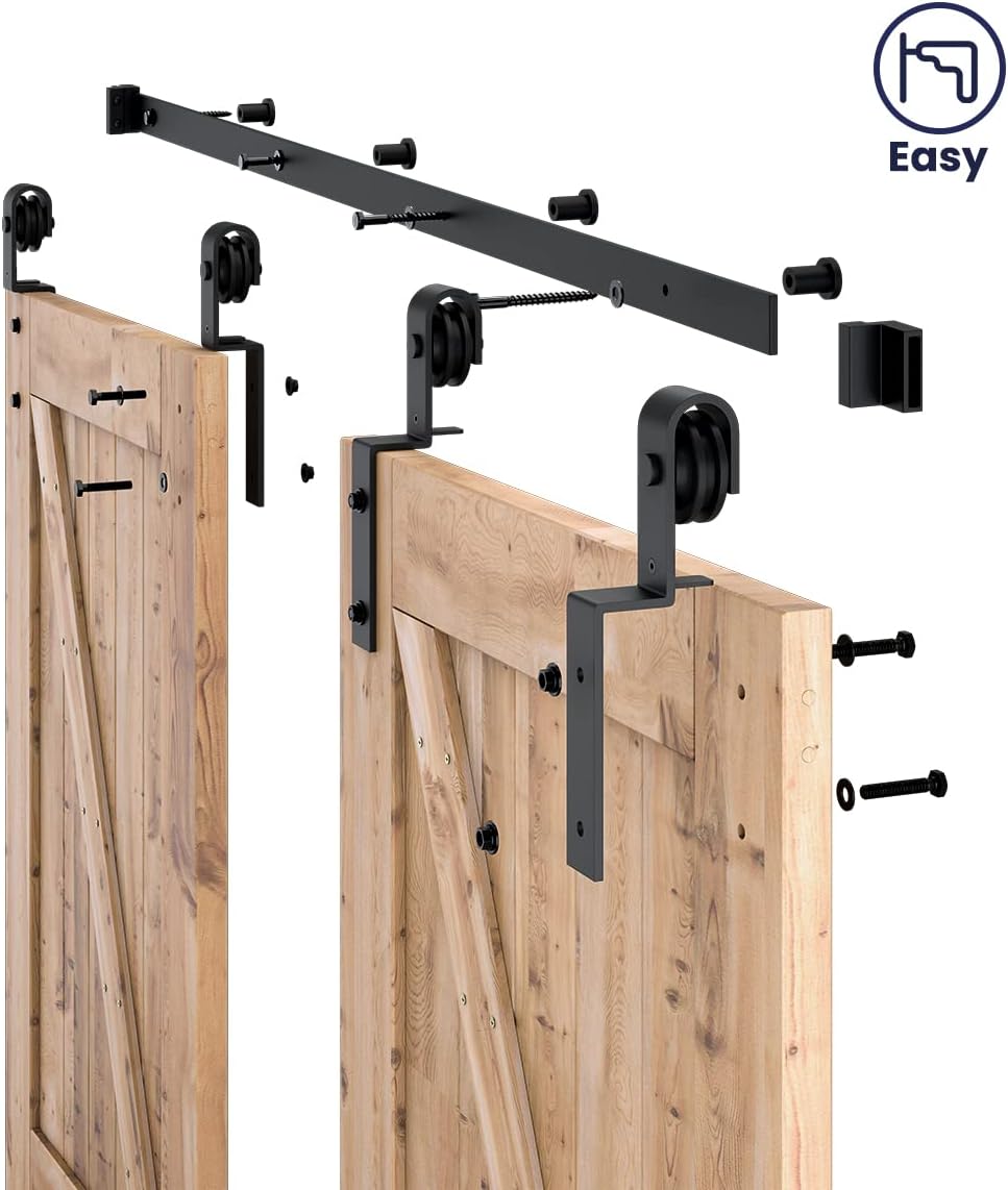 5ft Bypass Sliding Barn Door Hardware Kit - Double Wooden Doors - Single Track - Easy Install - Fits 48" Opening - Smooth & Quiet - WildKart