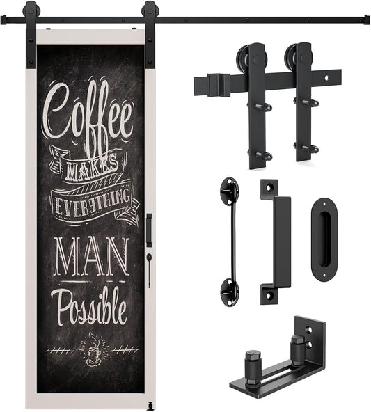 5FT Heavy Duty Barn Door Hardware Kit with Floor Guide, 2 Handles - Smooth Sliding Track for 30" Wide Doors - Interior/Exterior Use - I Shape Hanger - WildKart