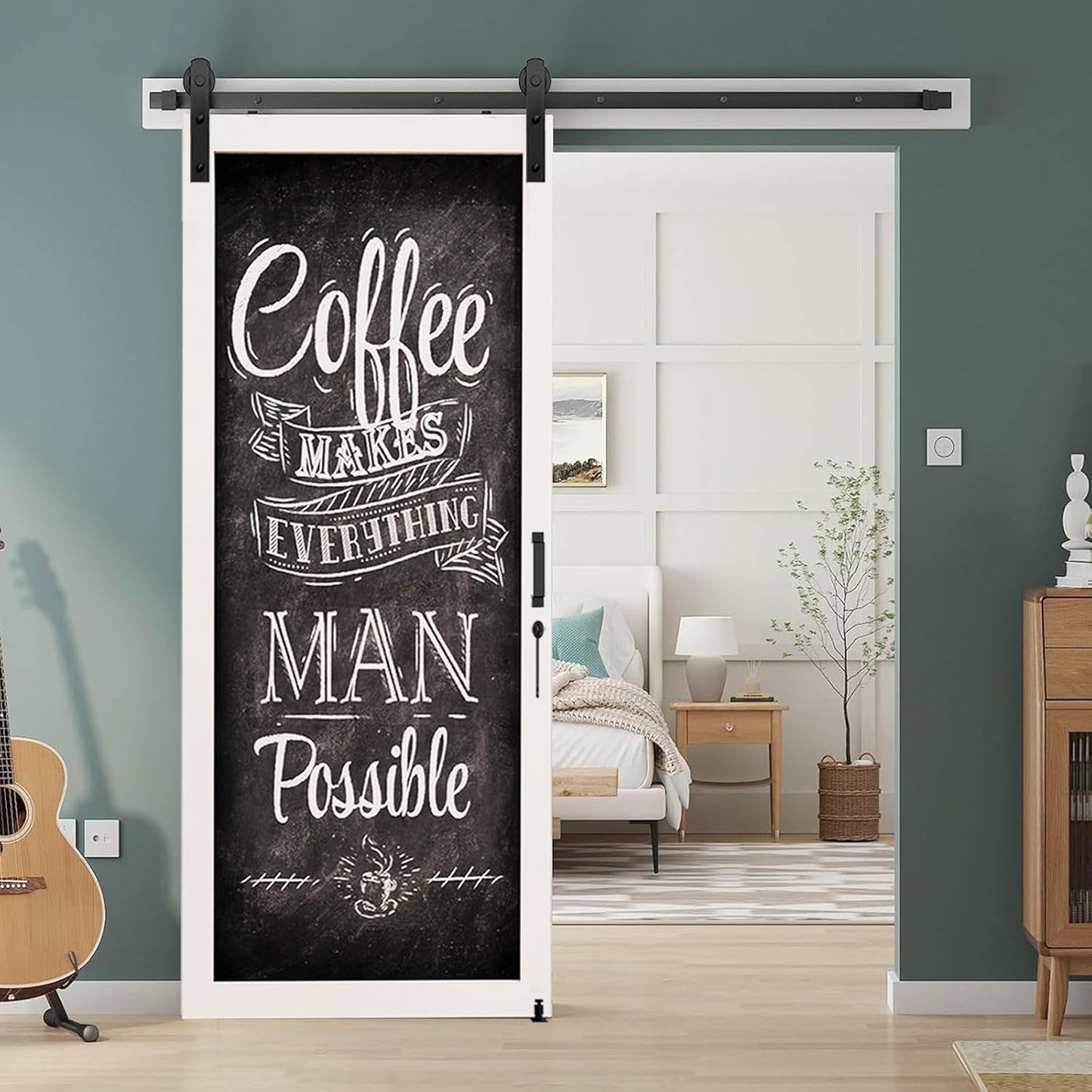 5FT Heavy Duty Barn Door Hardware Kit with Floor Guide, 2 Handles - Smooth Sliding Track for 30" Wide Doors - Interior/Exterior Use - I Shape Hanger - WildKart