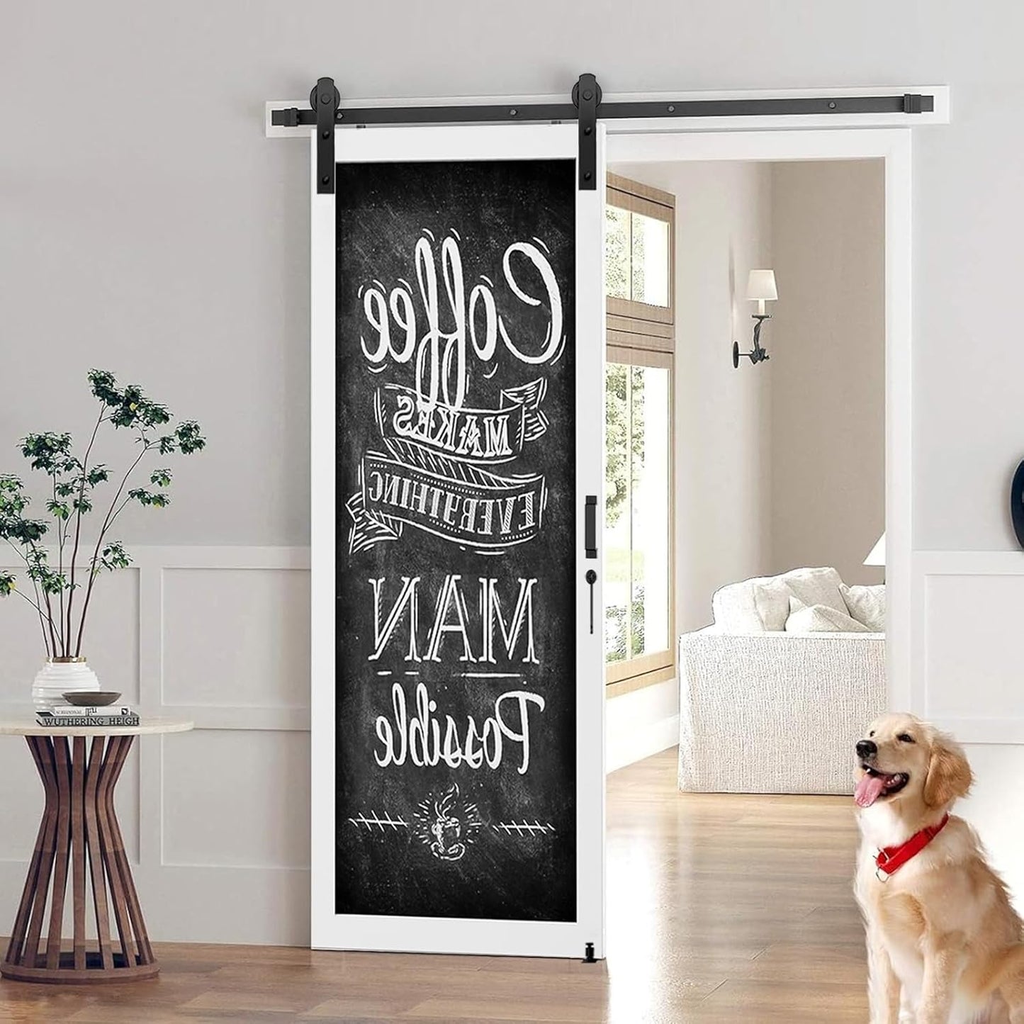 5FT Heavy Duty Barn Door Hardware Kit with Floor Guide, 2 Handles - Smooth Sliding Track for 30" Wide Doors - Interior/Exterior Use - I Shape Hanger - WildKart