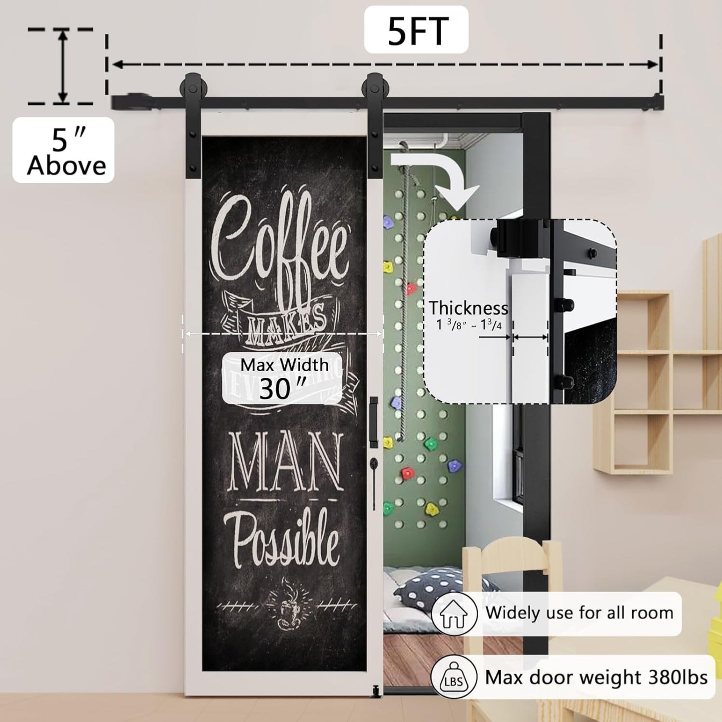 5FT Heavy Duty Barn Door Hardware Kit with Floor Guide, 2 Handles - Smooth Sliding Track for 30" Wide Doors - Interior/Exterior Use - I Shape Hanger - WildKart