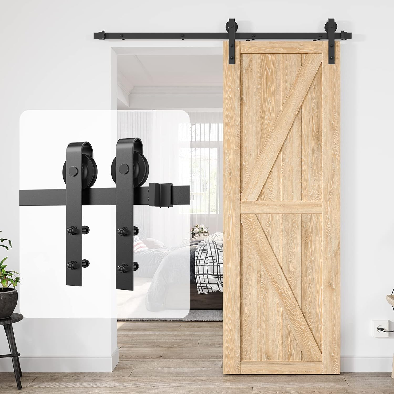 5ft Heavy Duty Sliding Barn Door Hardware Kit - Smooth & Quiet Operation - Easy Installation - Fits 1 3/8-1 3/4" Doors - Black - J Shape Hangers - WildKart