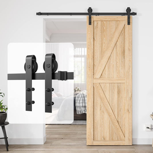 5ft Heavy Duty Sliding Barn Door Hardware Kit - Smooth & Quiet Operation - Easy Installation - Fits 1 3/8-1 3/4" Doors - Black - J Shape Hangers - WildKart