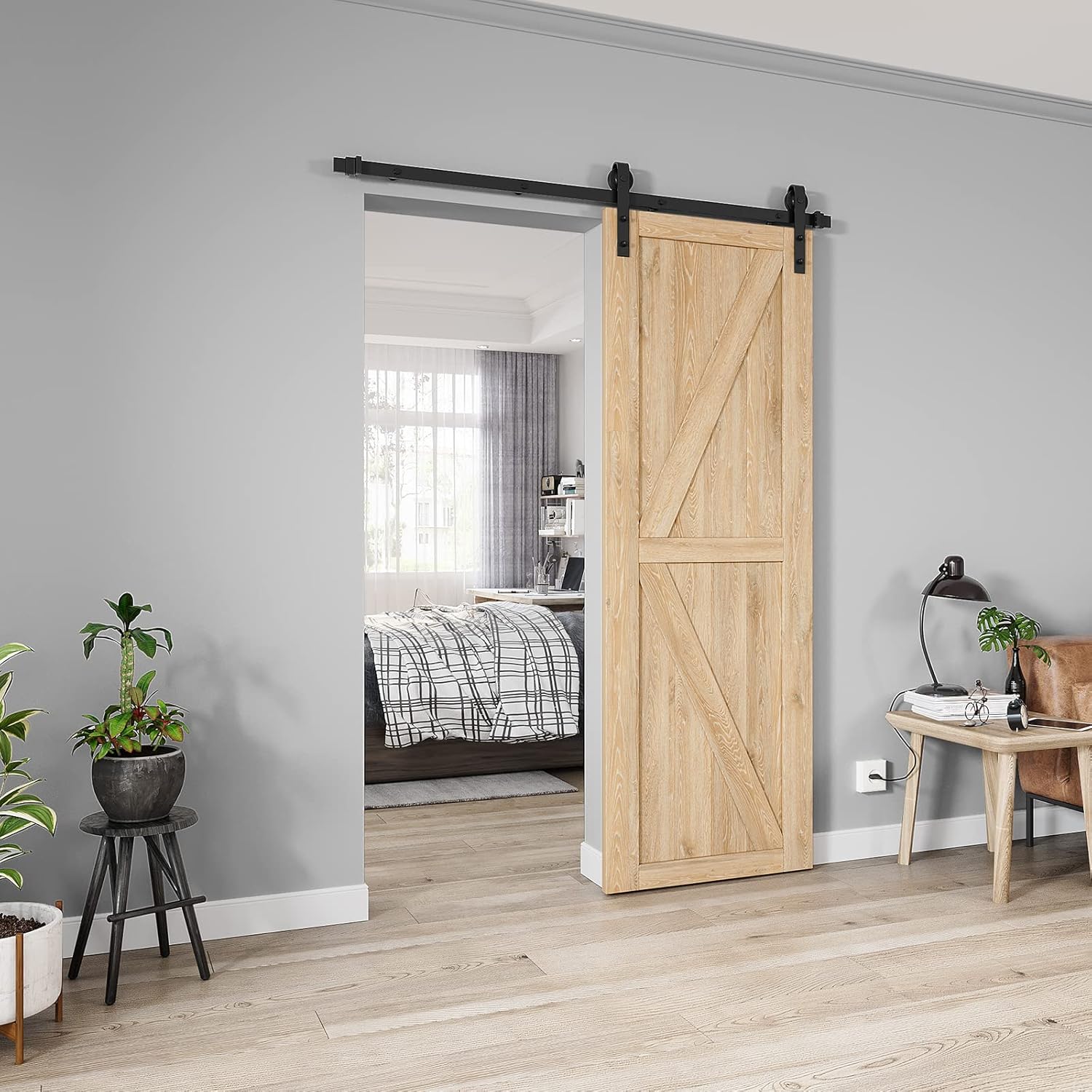 5ft Heavy Duty Sliding Barn Door Hardware Kit - Smooth & Quiet Operation - Easy Installation - Fits 1 3/8-1 3/4" Doors - Black - J Shape Hangers - WildKart