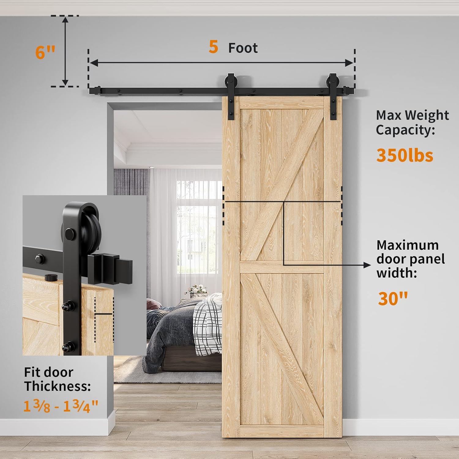 5ft Heavy Duty Sliding Barn Door Hardware Kit - Smooth & Quiet Operation - Easy Installation - Fits 1 3/8-1 3/4" Doors - Black - J Shape Hangers - WildKart