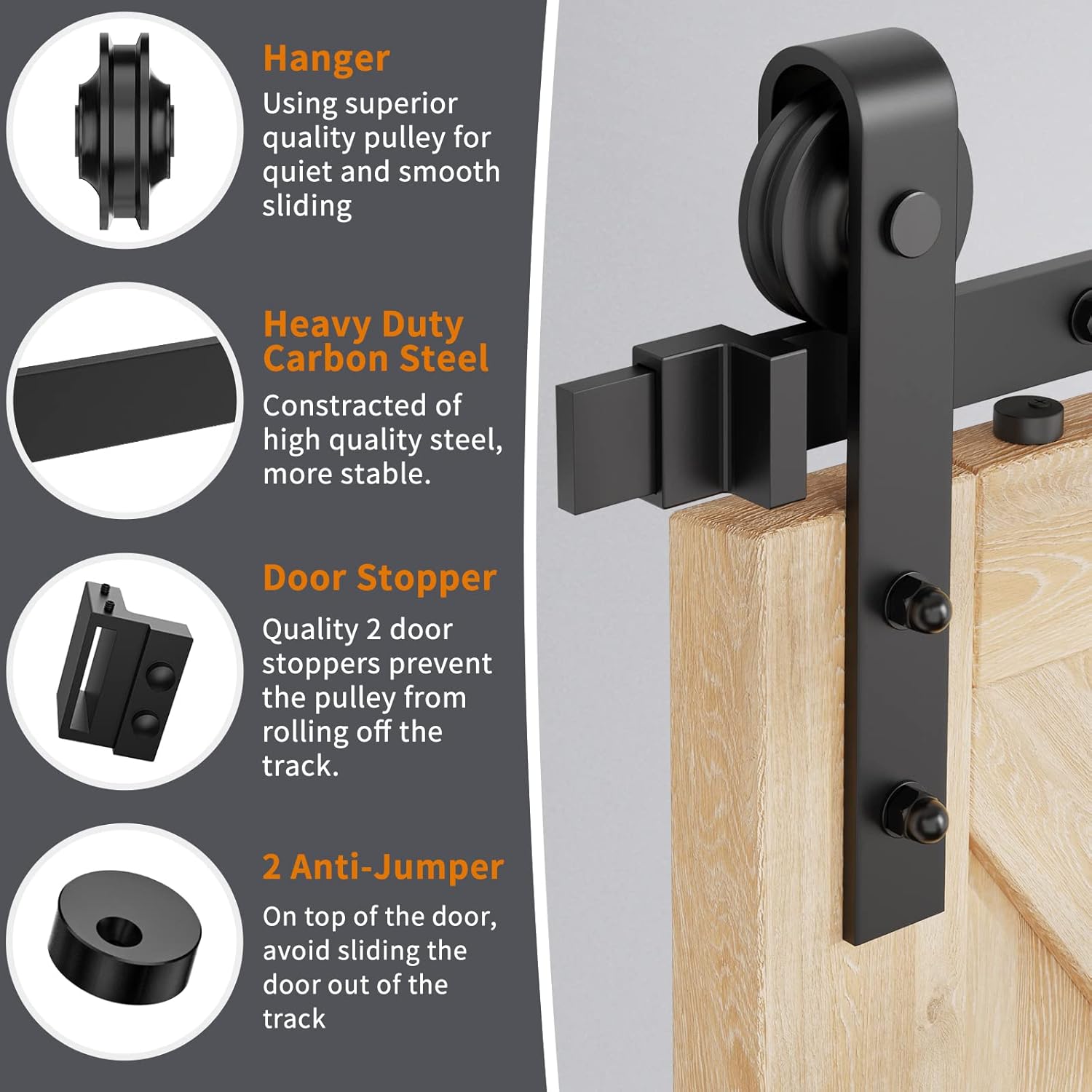 5ft Heavy Duty Sliding Barn Door Hardware Kit - Smooth & Quiet Operation - Easy Installation - Fits 1 3/8-1 3/4" Doors - Black - J Shape Hangers - WildKart