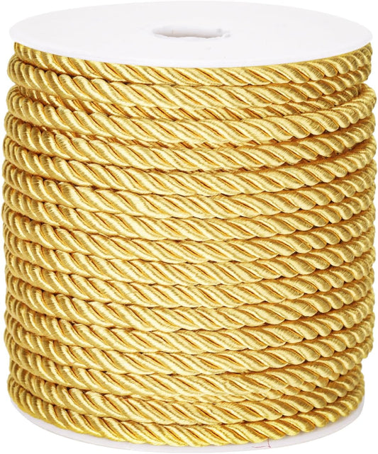 5mm Gold Rope Cord for Sewing & Crafting - 21 Yards, 3-Ply Twisted Polyester Cord for Home Decor, Curtain Tieback, Upholstery, Graduation - Shiny Decorative Cord