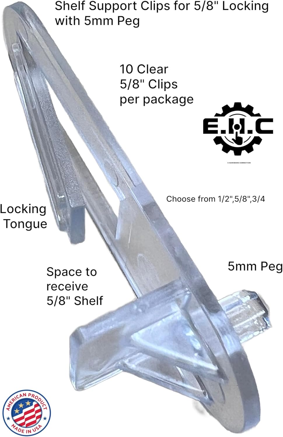 5mm Locking Shelf Support Clips for 5/8" Thick Shelves - 10 Clear Plastic Clips - E.H.C.