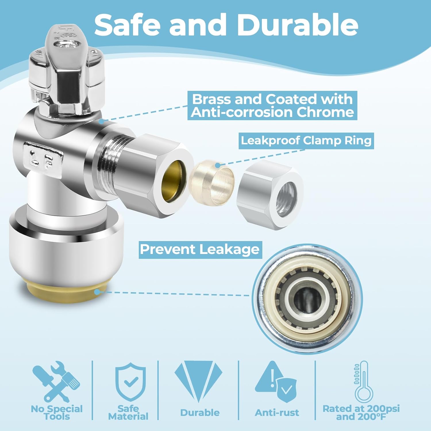 5PCS 1/2 x 3/8 Inch Compression Angle Stop Valve Set - No Lead Brass, Push to Connect Plumbing Fitting for Copper, CPVC, PE-RT, PEX Pipe