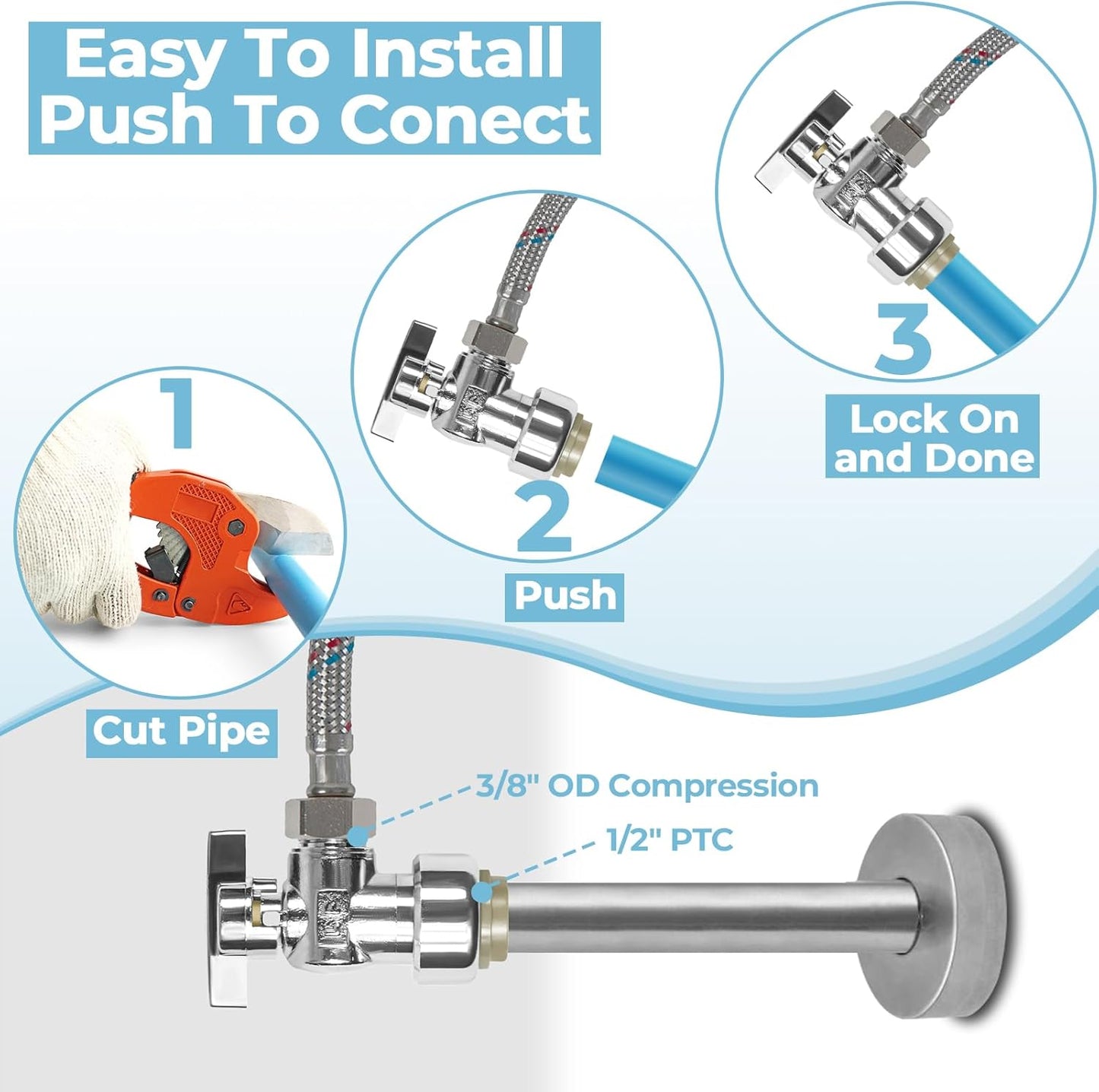 5PCS 1/2 x 3/8 Inch Compression Angle Stop Valve Set - No Lead Brass, Push to Connect Plumbing Fitting for Copper, CPVC, PE-RT, PEX Pipe